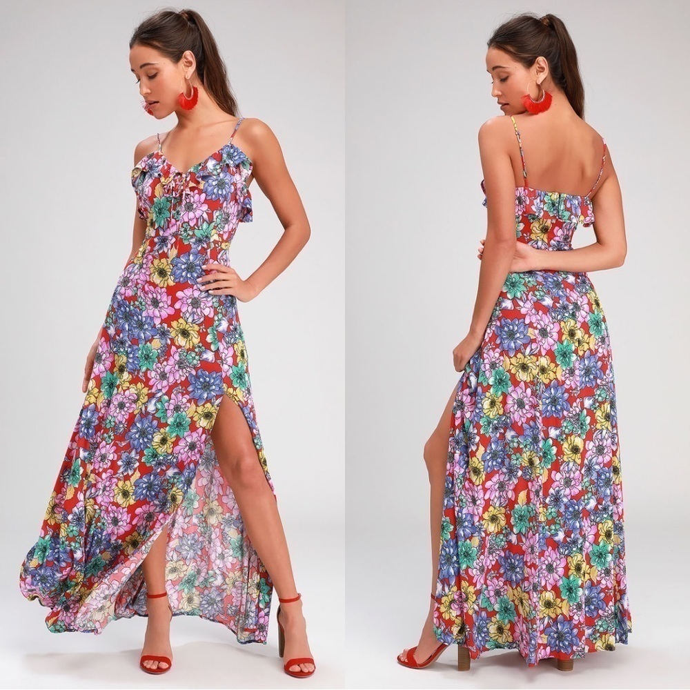 Lulu’s Dynah Red Floral Print Sleeveless Maxi Dress Size L